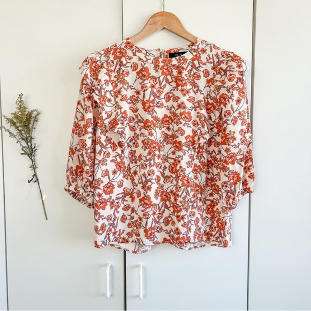 Floral Ruffle Sleeve Blouse - White with Rust Floral